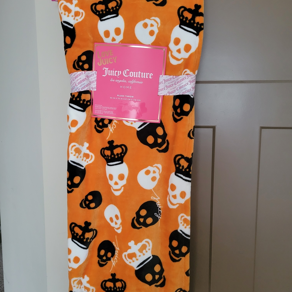 Juicy Couture Orange Skull and Crown Plush Throw NWT